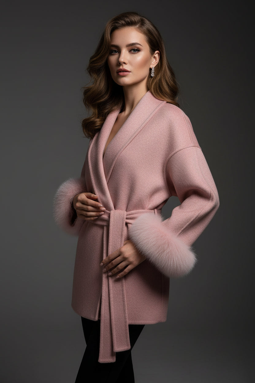 Belted Wool Coat with Fox Fur Cuffs