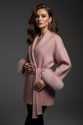 Belted Wool Coat with Fox Fur Cuffs