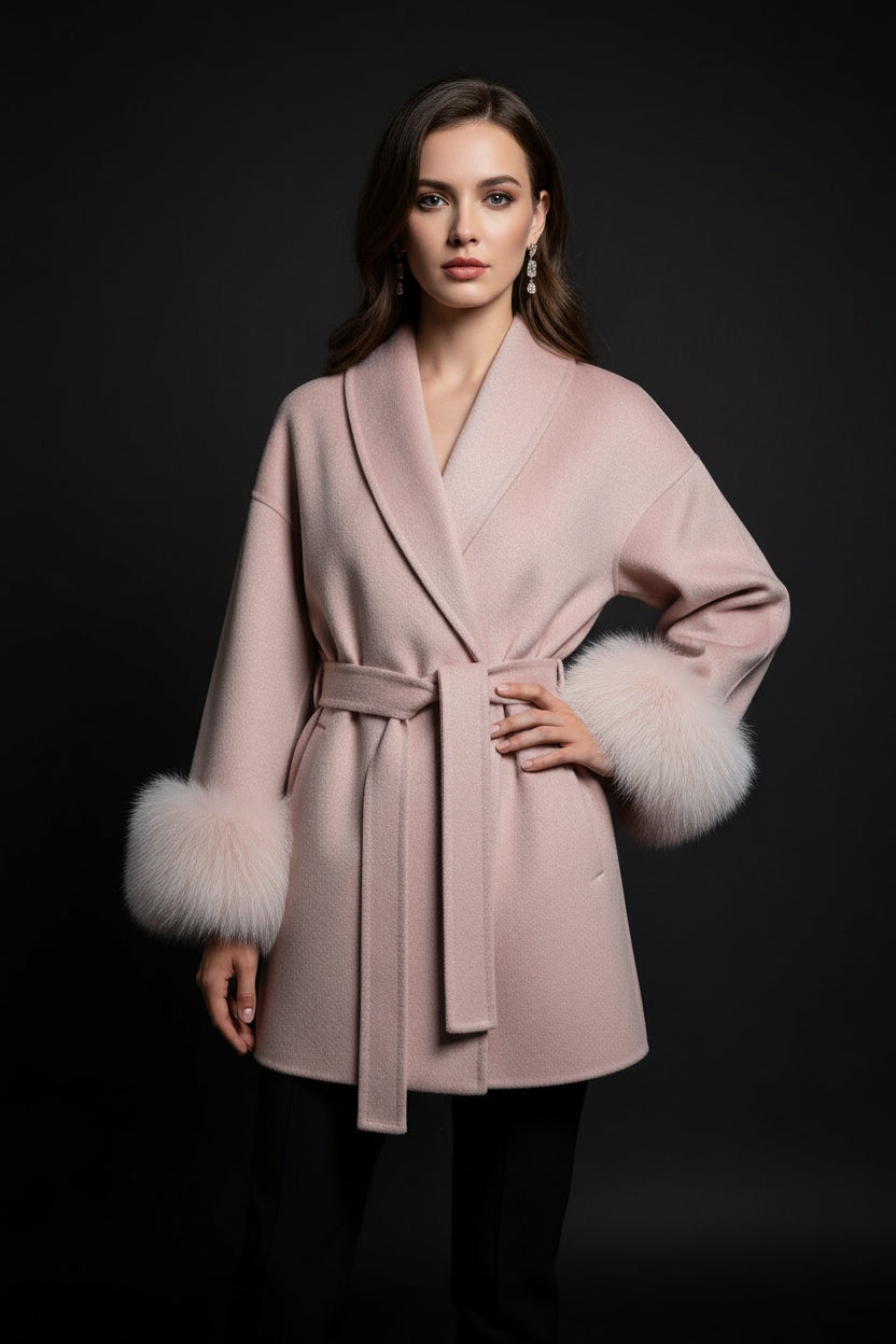 Belted Wool Coat with Fox Fur Cuffs