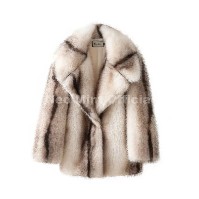 Neo Mint Luxury Brand Fashion Women Yellow Striped Faux Fur Jacket Coat Chic Girls 2025 Winter Oversized Warm Outerwear Overcoat Urban Fashion Icon