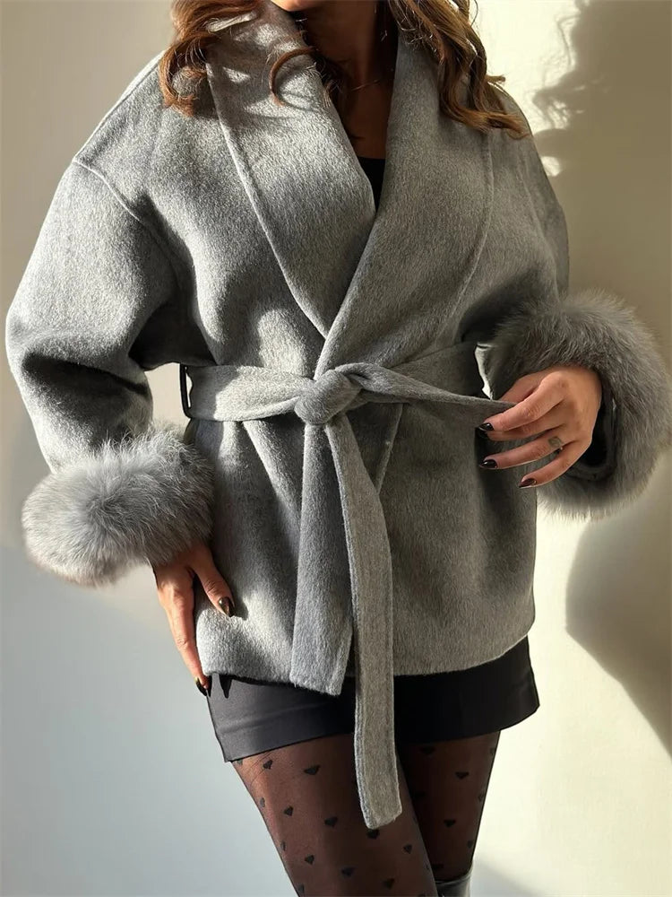 Belted Wool Coat with Fox Fur Cuffs