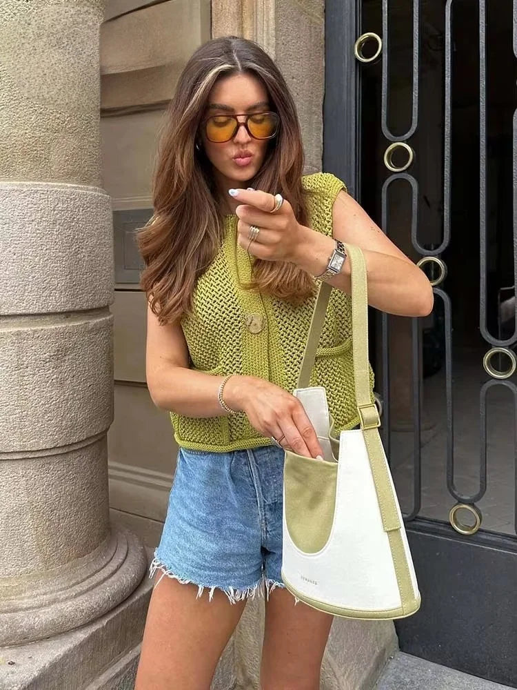 Open-Knit Crochet Vest with Gold Buttons