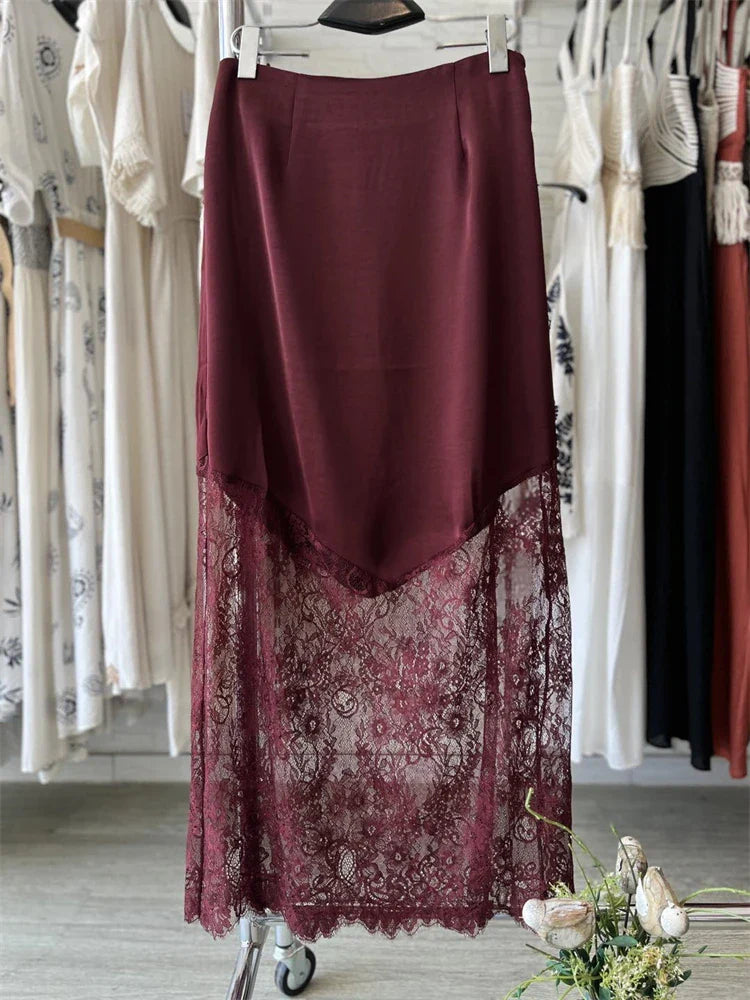 Lace-Panel Patchwork Maxi Skirt