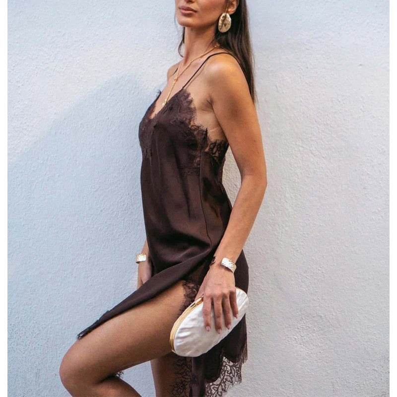 Lace-Trim Asymmetric Satin Slip Dress