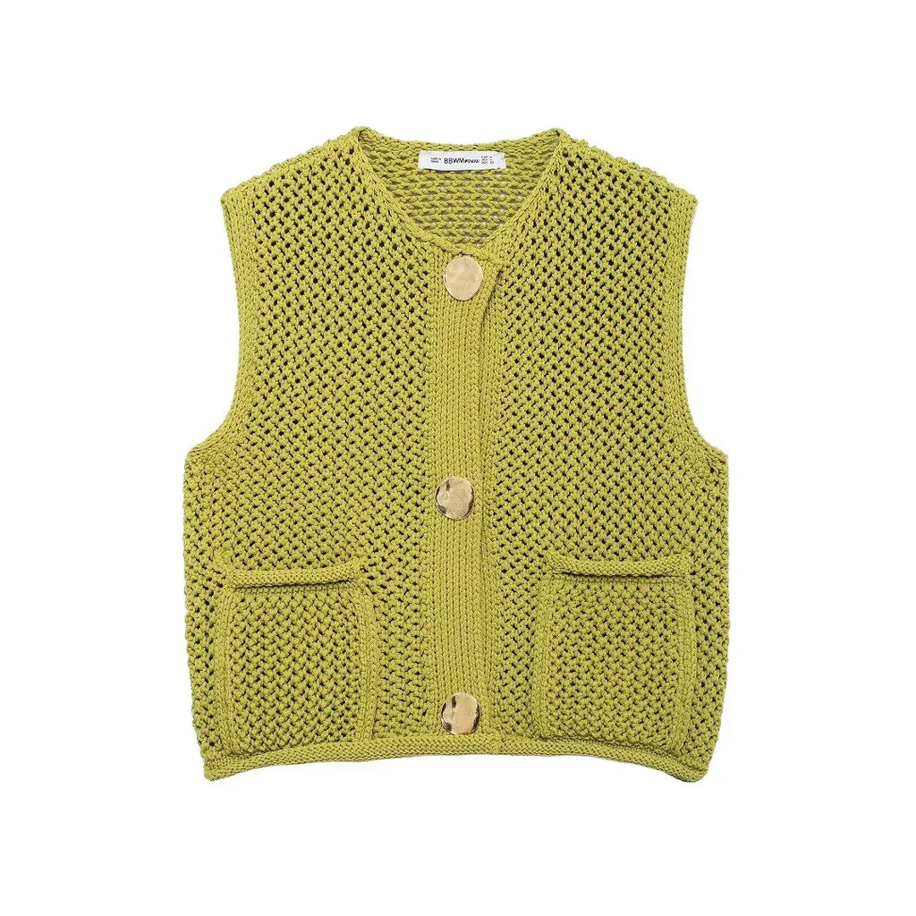 Open-Knit Crochet Vest with Gold Buttons