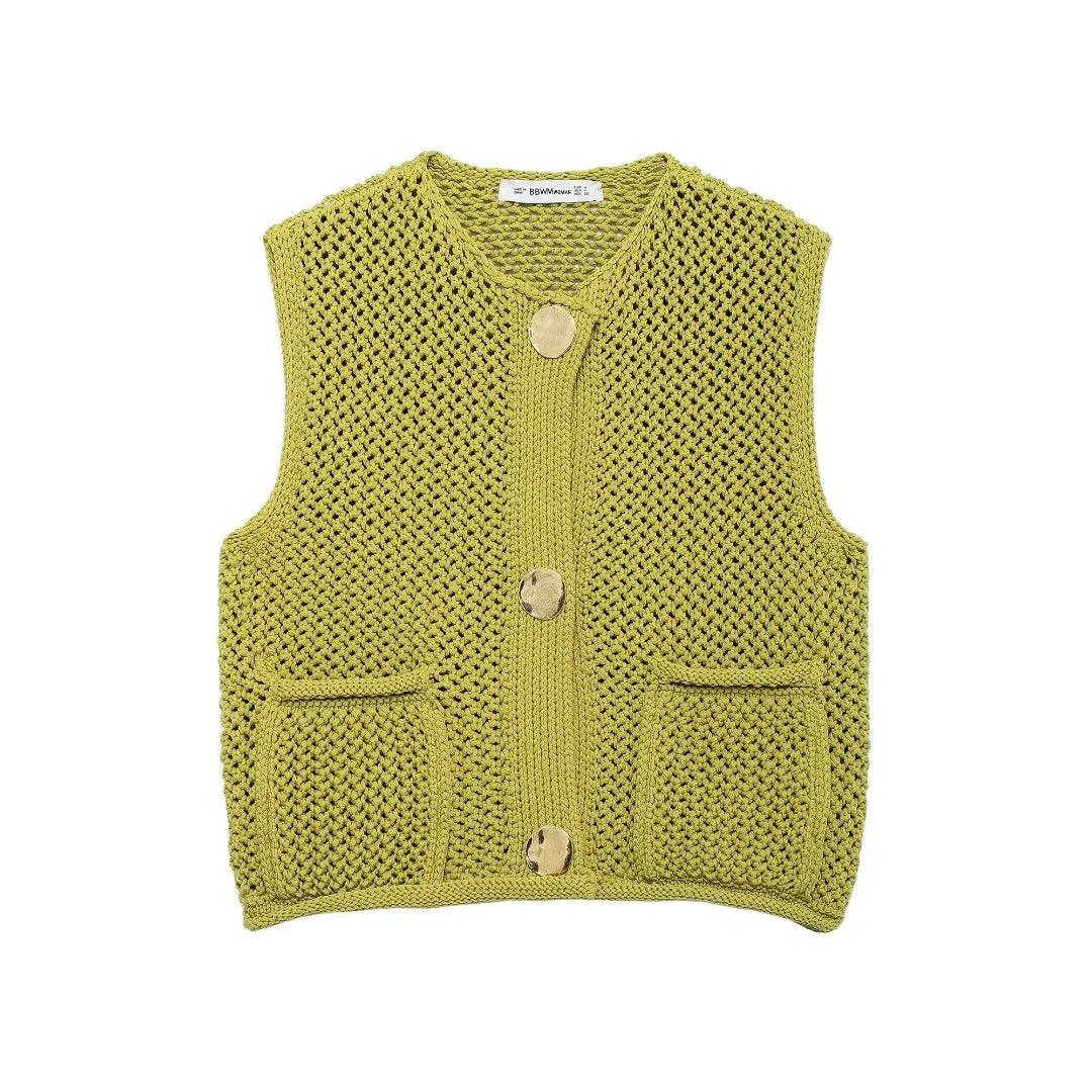 Open-Knit Crochet Vest with Gold Buttons