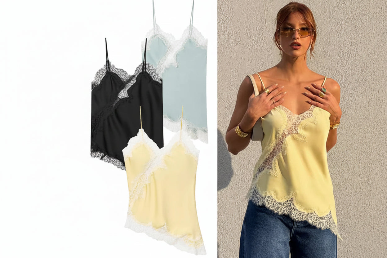 Asymmetric Lace-Trim Satin Cami