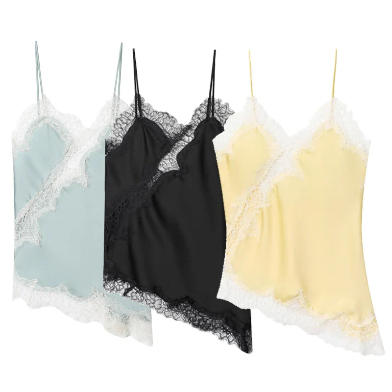 Asymmetric Lace-Trim Satin Cami