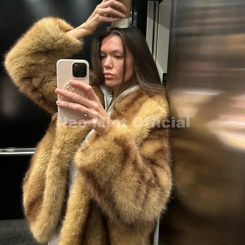 Neo Mint Luxury Brand Fashion Women Yellow Striped Faux Fur Jacket Coat Chic Girls 2025 Winter Oversized Warm Outerwear Overcoat Urban Fashion Icon