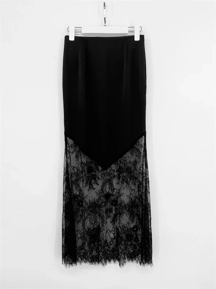 Lace-Panel Patchwork Maxi Skirt