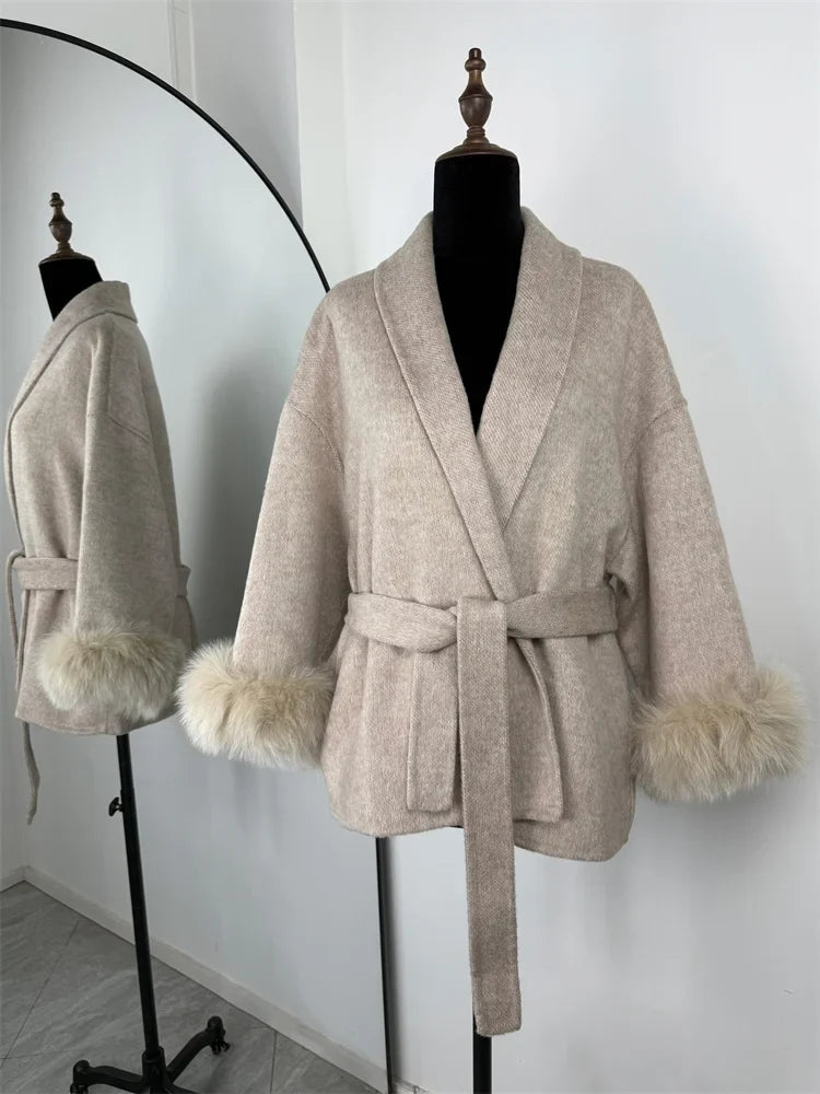 Belted Wool Coat with Fox Fur Cuffs