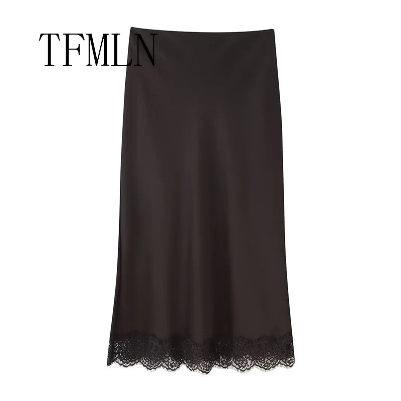 Lace-Hem Satin Midi Skirt