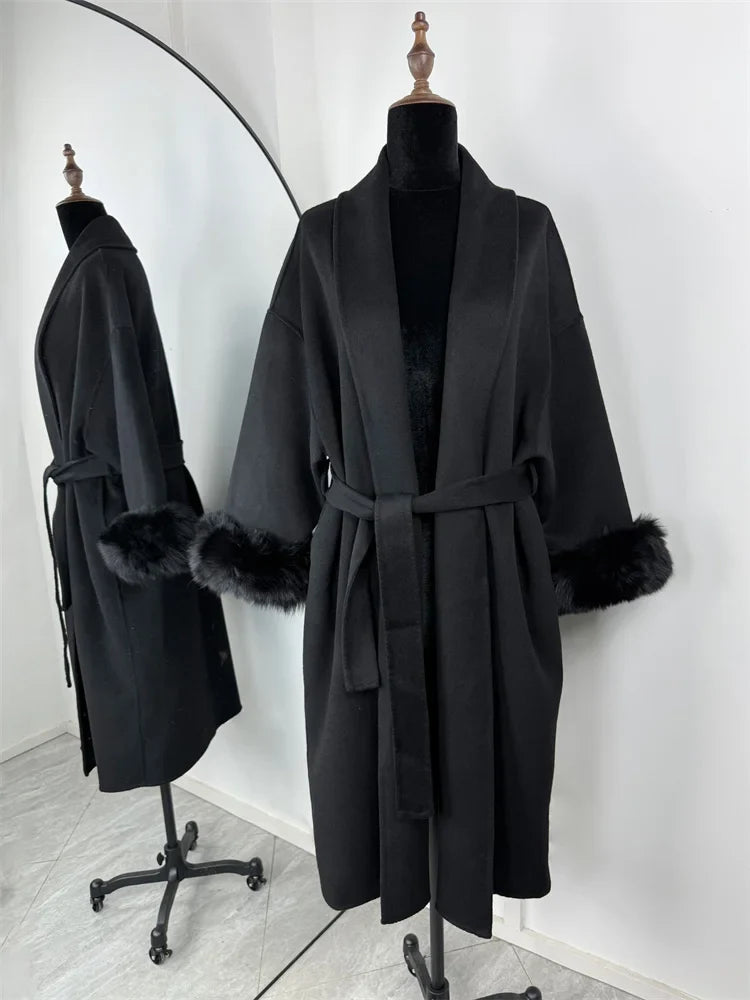 Belted Wool Coat with Fox Fur Cuffs