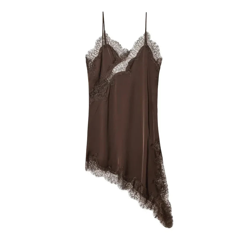 Lace-Trim Asymmetric Satin Slip Dress