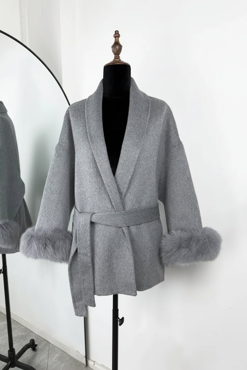 Belted Wool Coat with Fox Fur Cuffs