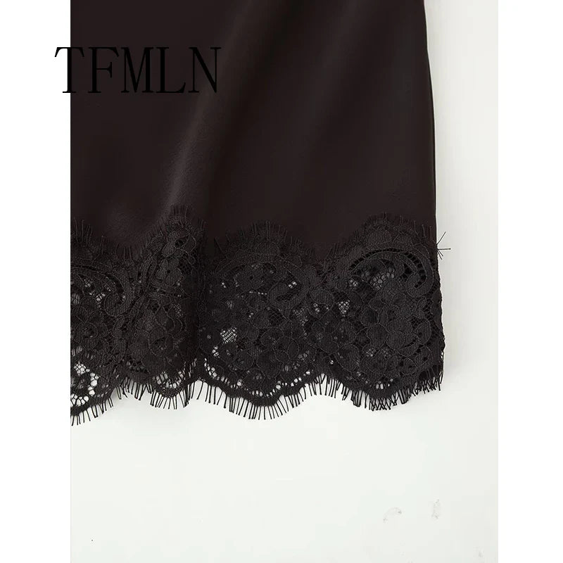 Lace-Hem Satin Midi Skirt