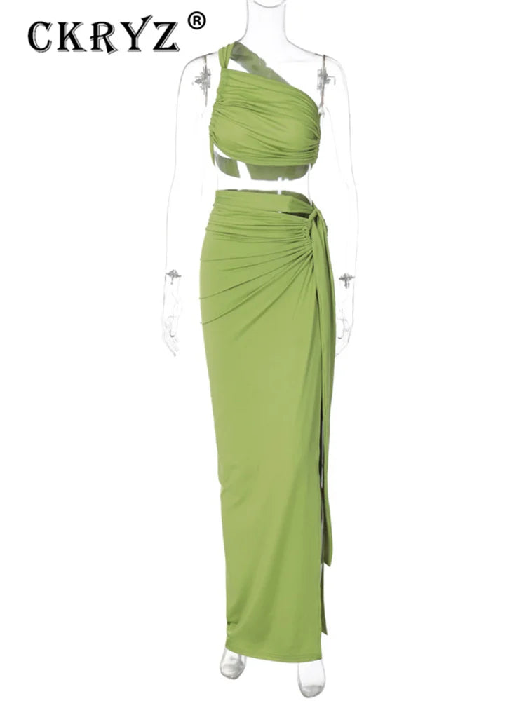 One-Shoulder Ruched Crop & Maxi Skirt Set