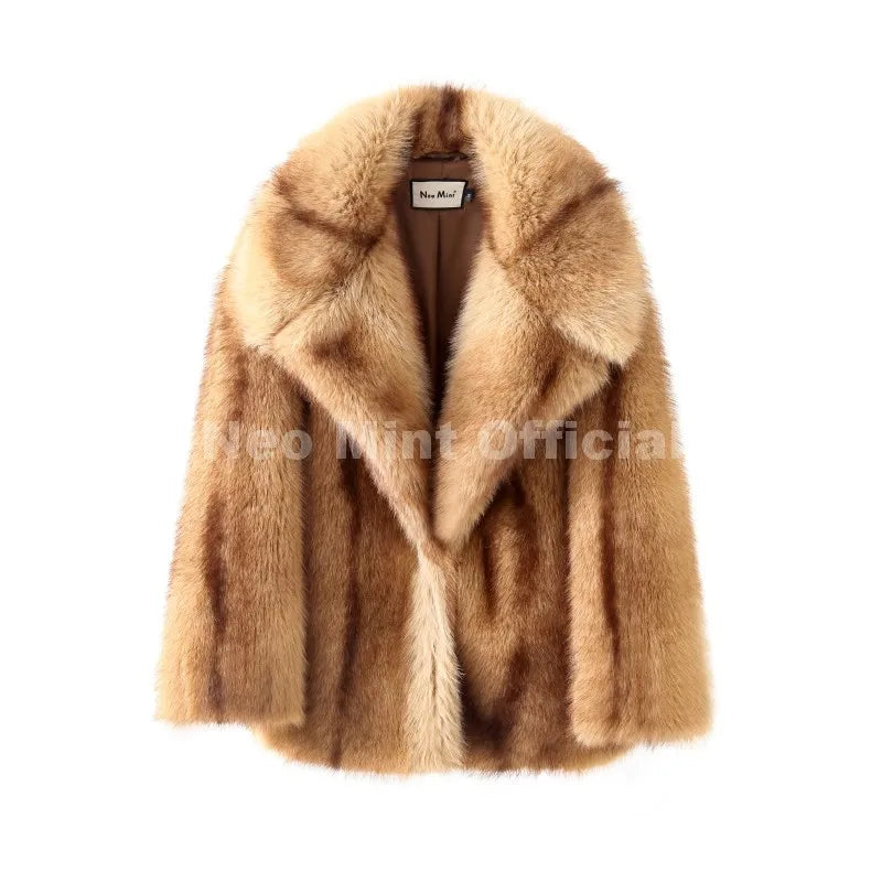 Neo Mint Luxury Brand Fashion Women Yellow Striped Faux Fur Jacket Coat Chic Girls 2025 Winter Oversized Warm Outerwear Overcoat Urban Fashion Icon