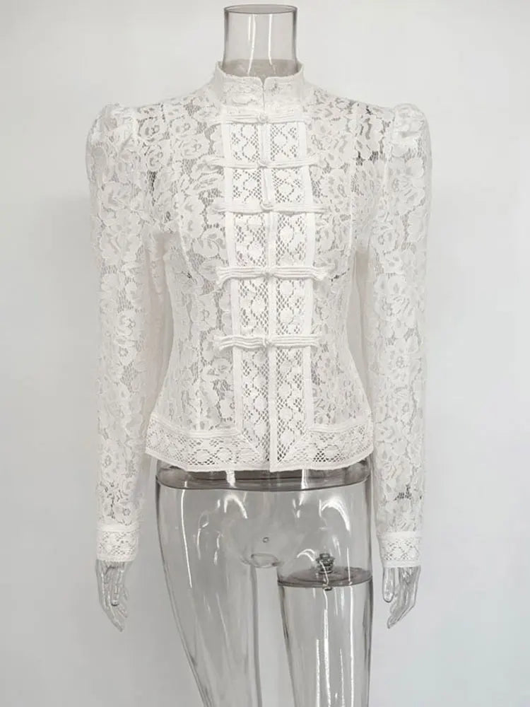 Tossy Summer Lace Printed Shirts Tops Female Hollow Out Fashion Commute Vintage See-Through Blouse Women's Lace Shrug Shirts New Urban Fashion Icon