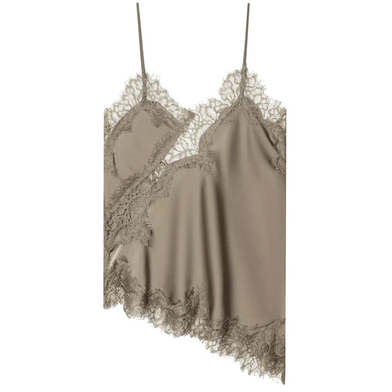Asymmetric Lace-Trim Satin Cami