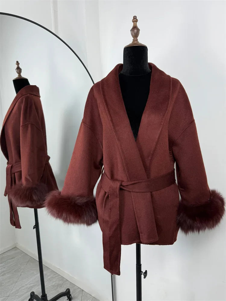 Belted Wool Coat with Fox Fur Cuffs