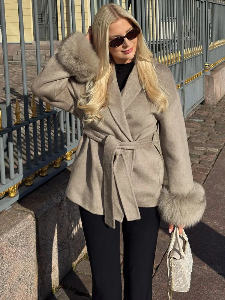 Belted Wool Coat with Fox Fur Cuffs