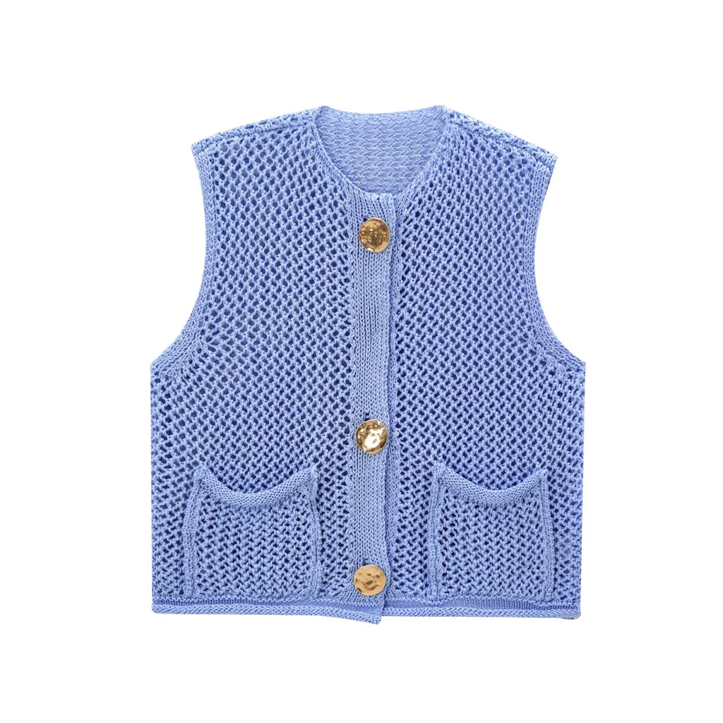 Open-Knit Crochet Vest with Gold Buttons