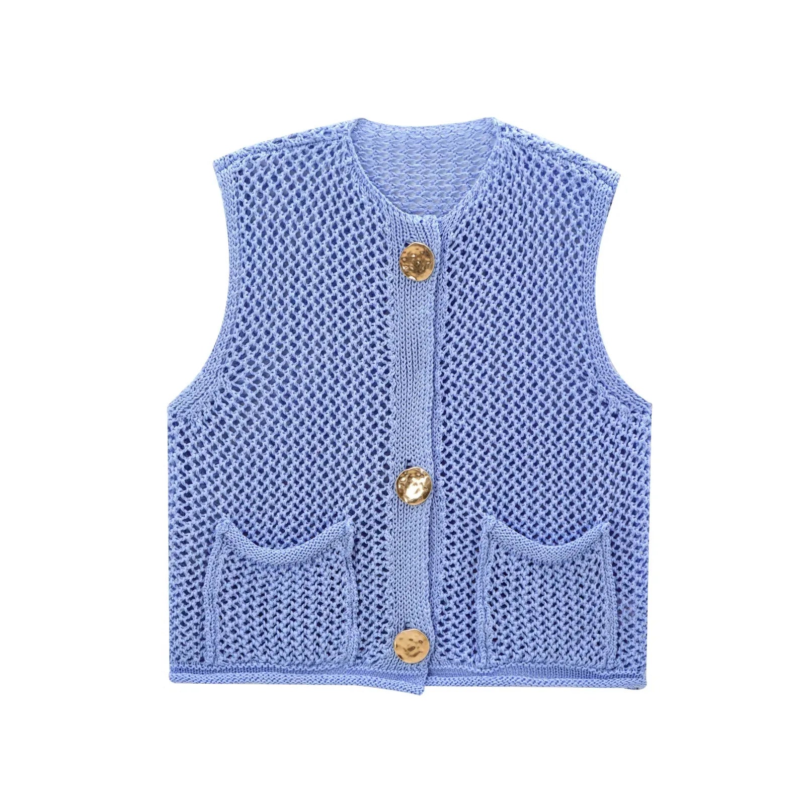 Open-Knit Crochet Vest with Gold Buttons