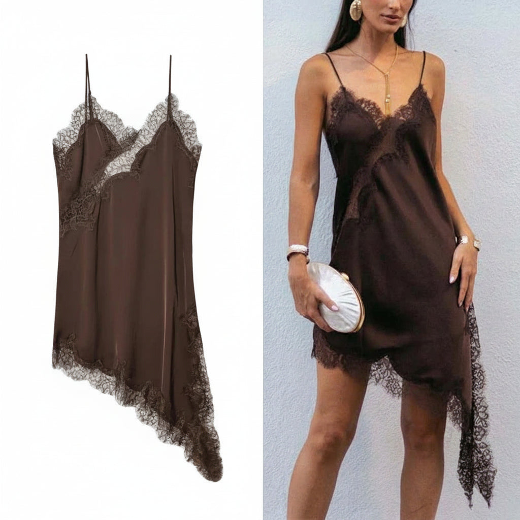 Lace-Trim Asymmetric Satin Slip Dress