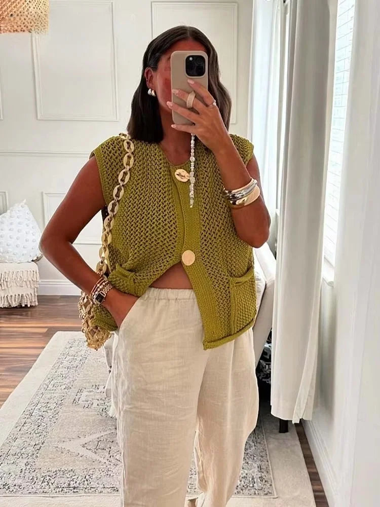 Open-Knit Crochet Vest with Gold Buttons