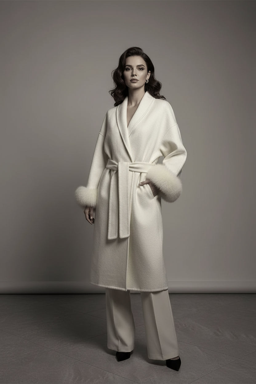 Belted Wool Coat with Fox Fur Cuffs