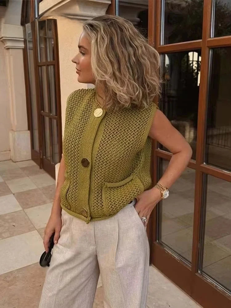 Open-Knit Crochet Vest with Gold Buttons