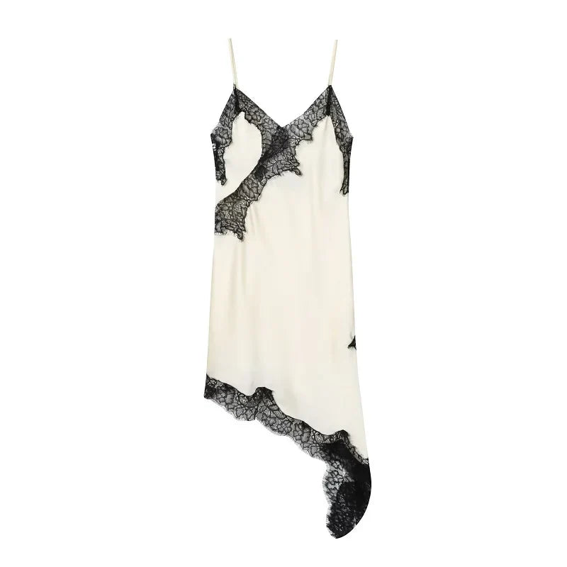 Lace-Trim Asymmetric Satin Slip Dress