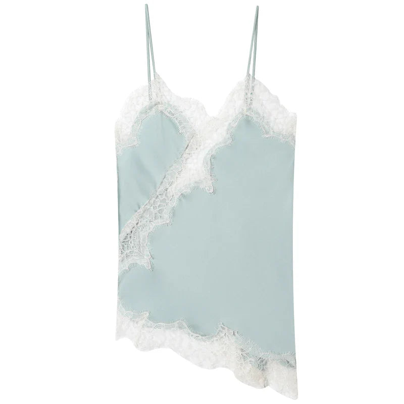 Asymmetric Lace-Trim Satin Cami