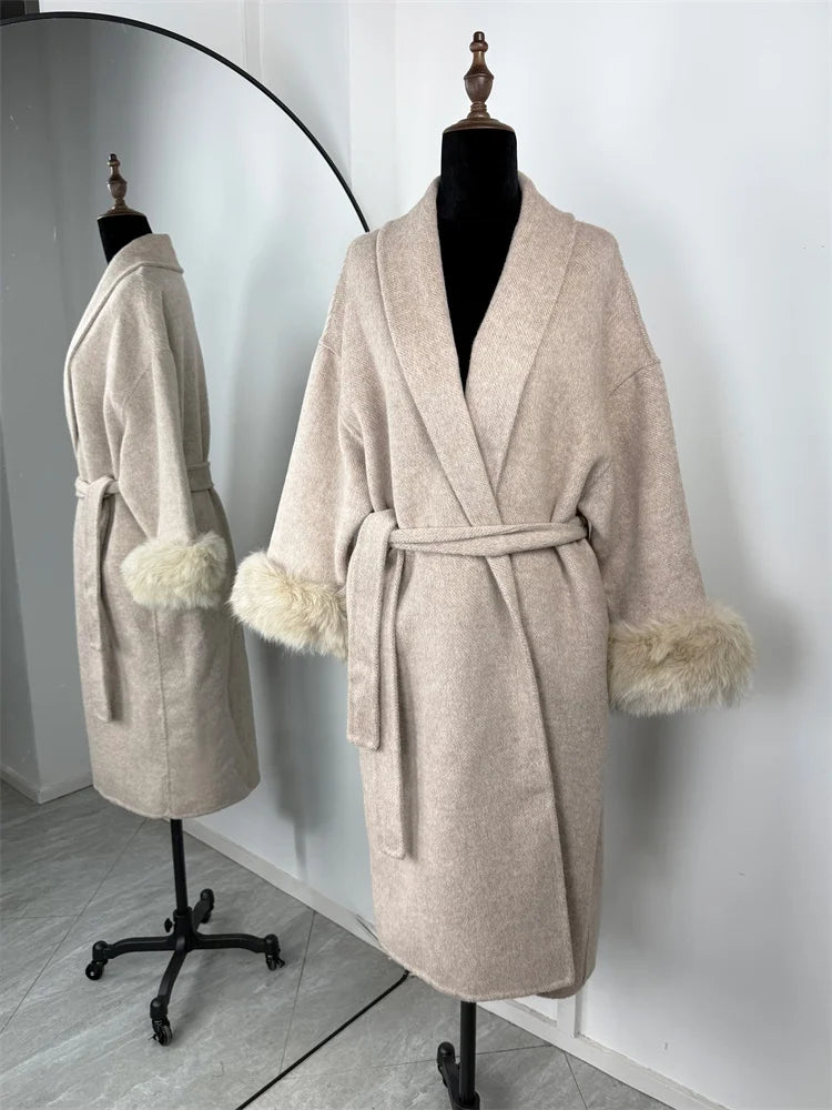 Belted Wool Coat with Fox Fur Cuffs