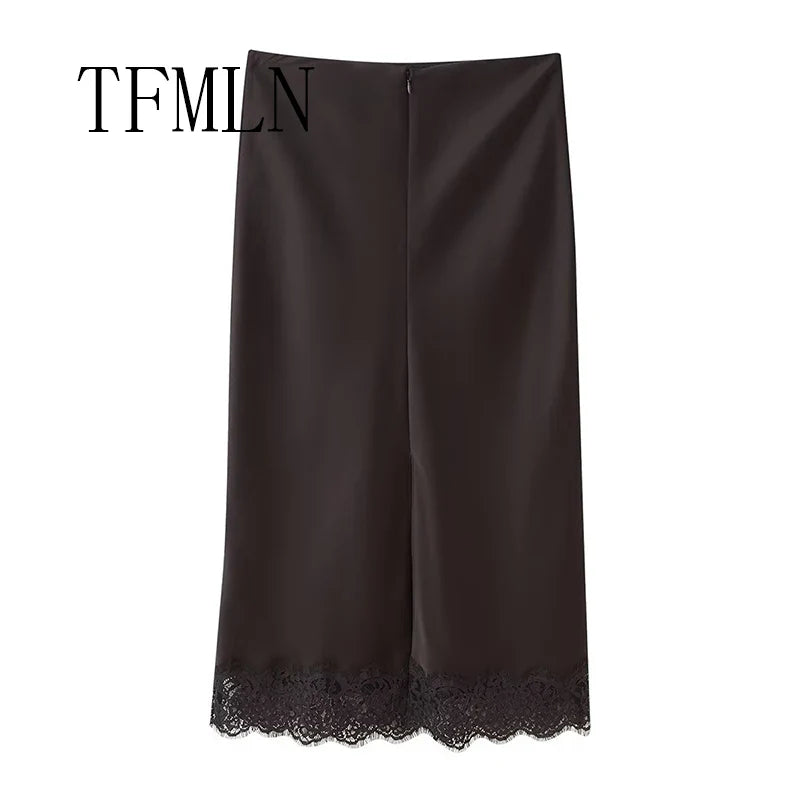 Lace-Hem Satin Midi Skirt