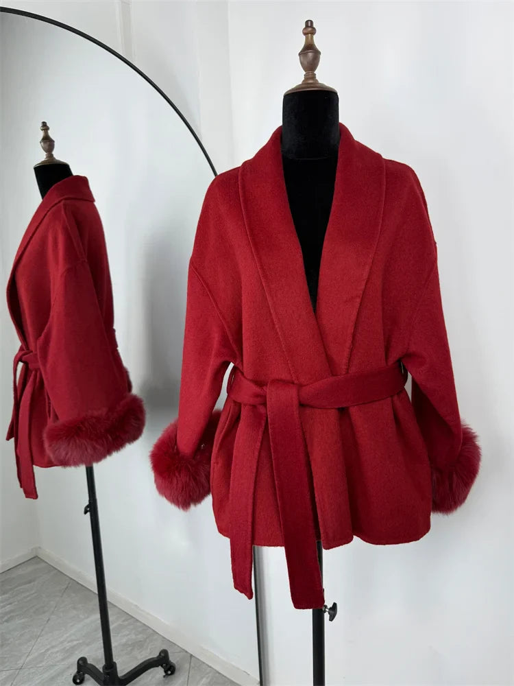Belted Wool Coat with Fox Fur Cuffs