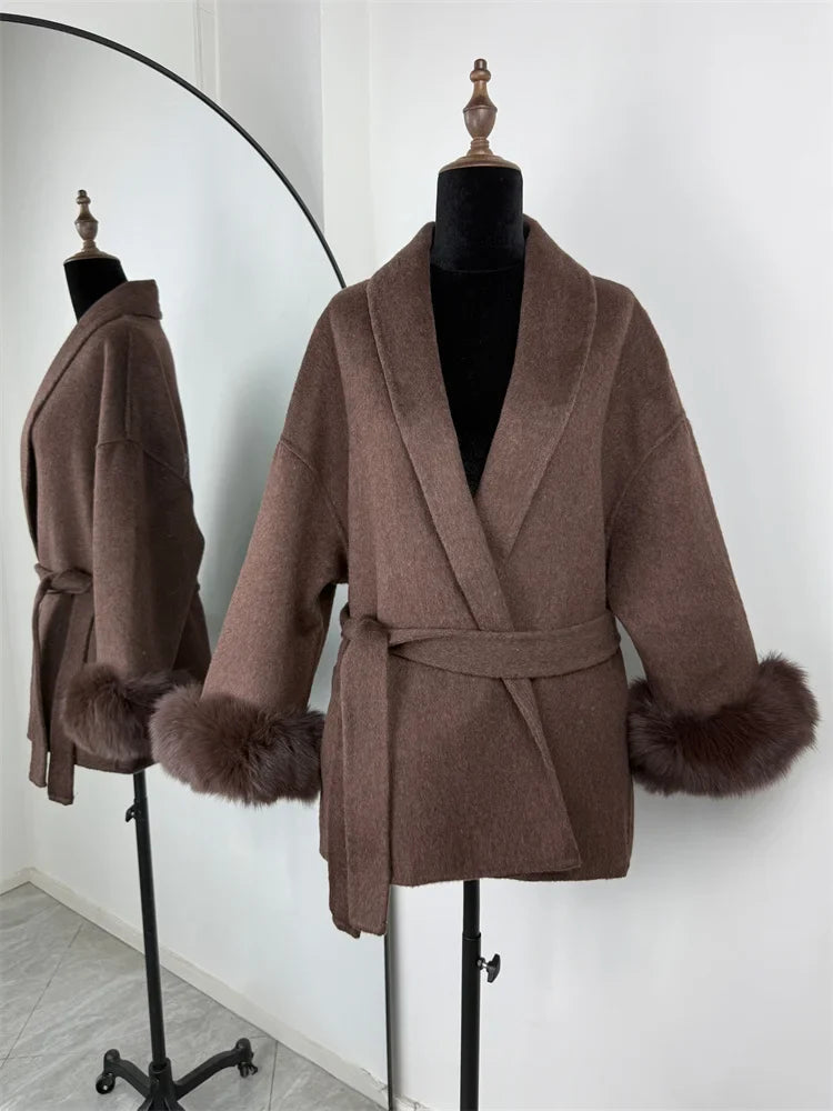Belted Wool Coat with Fox Fur Cuffs