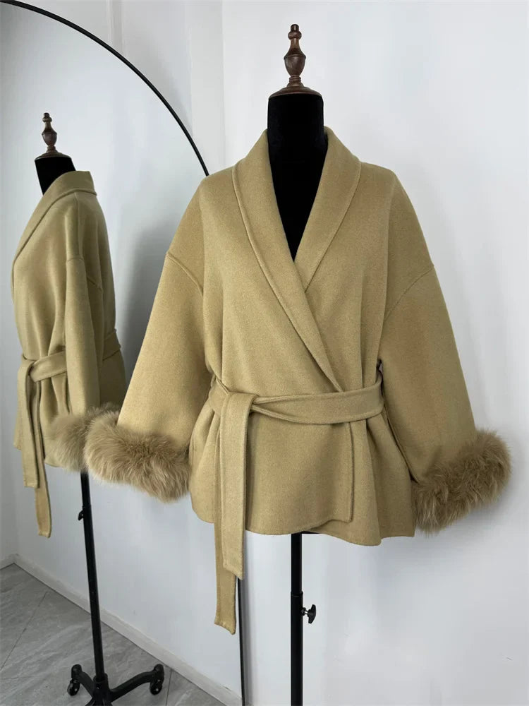 Belted Wool Coat with Fox Fur Cuffs