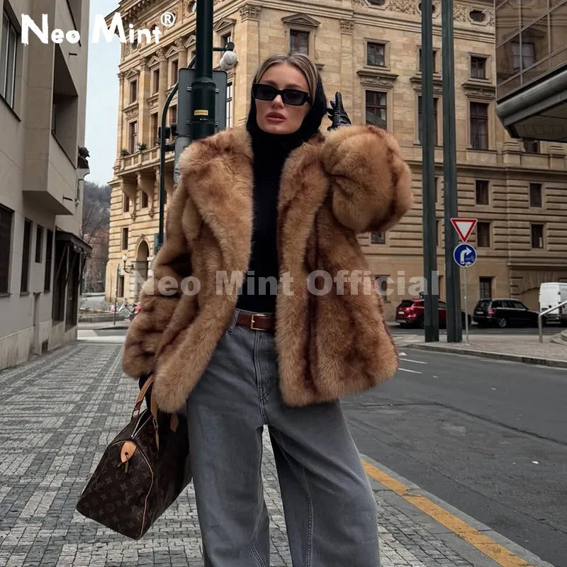 Neo Mint Luxury Brand Fashion Women Yellow Striped Faux Fur Jacket Coat Chic Girls 2025 Winter Oversized Warm Outerwear Overcoat Urban Fashion Icon