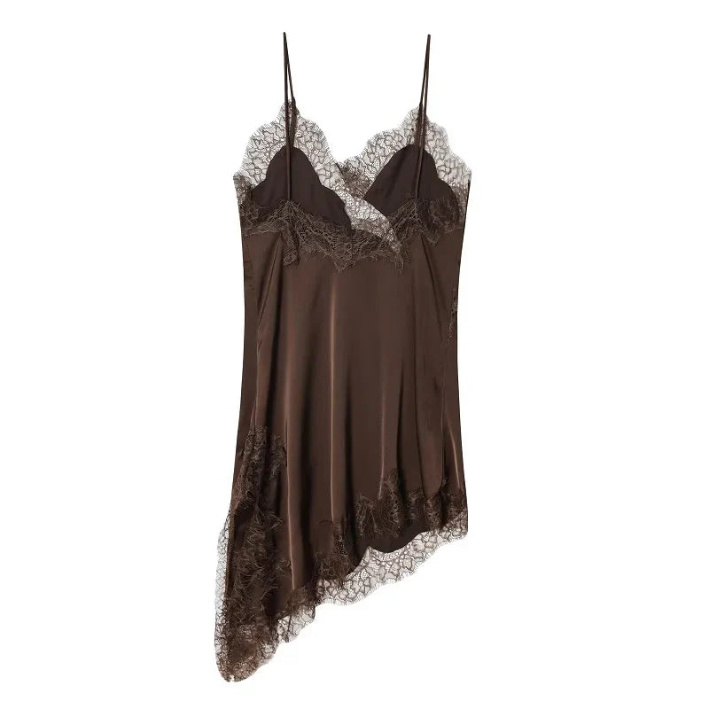 Lace-Trim Asymmetric Satin Slip Dress
