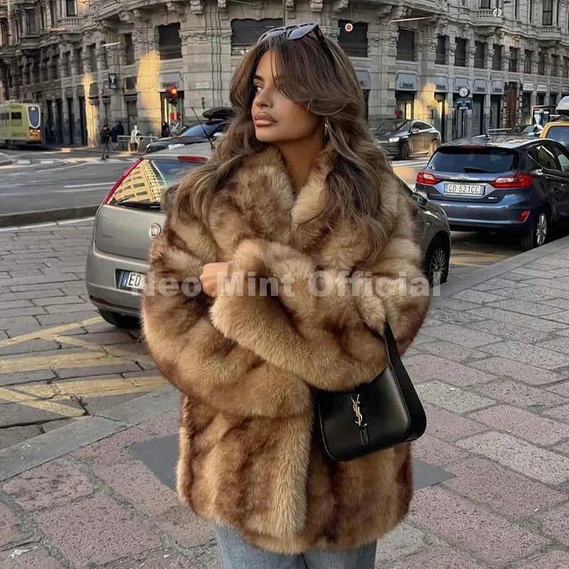 Neo Mint Luxury Brand Fashion Women Yellow Striped Faux Fur Jacket Coat Chic Girls 2025 Winter Oversized Warm Outerwear Overcoat Urban Fashion Icon