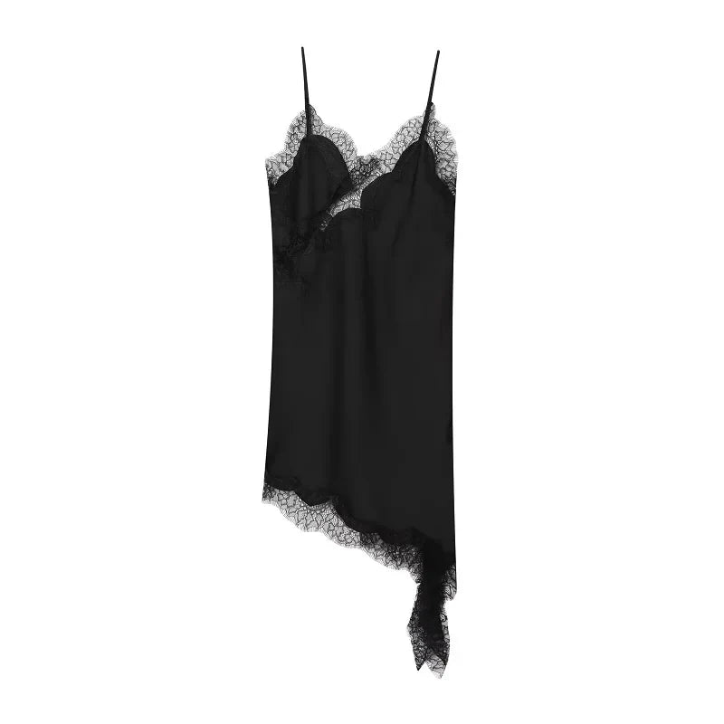 Lace-Trim Asymmetric Satin Slip Dress