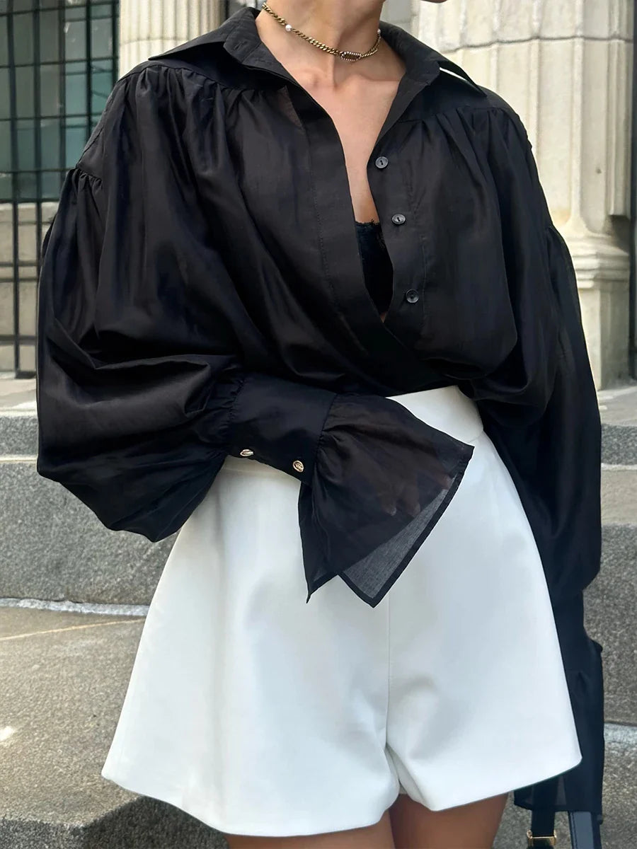 Sheer Bishop-Sleeve Chiffon Blouse