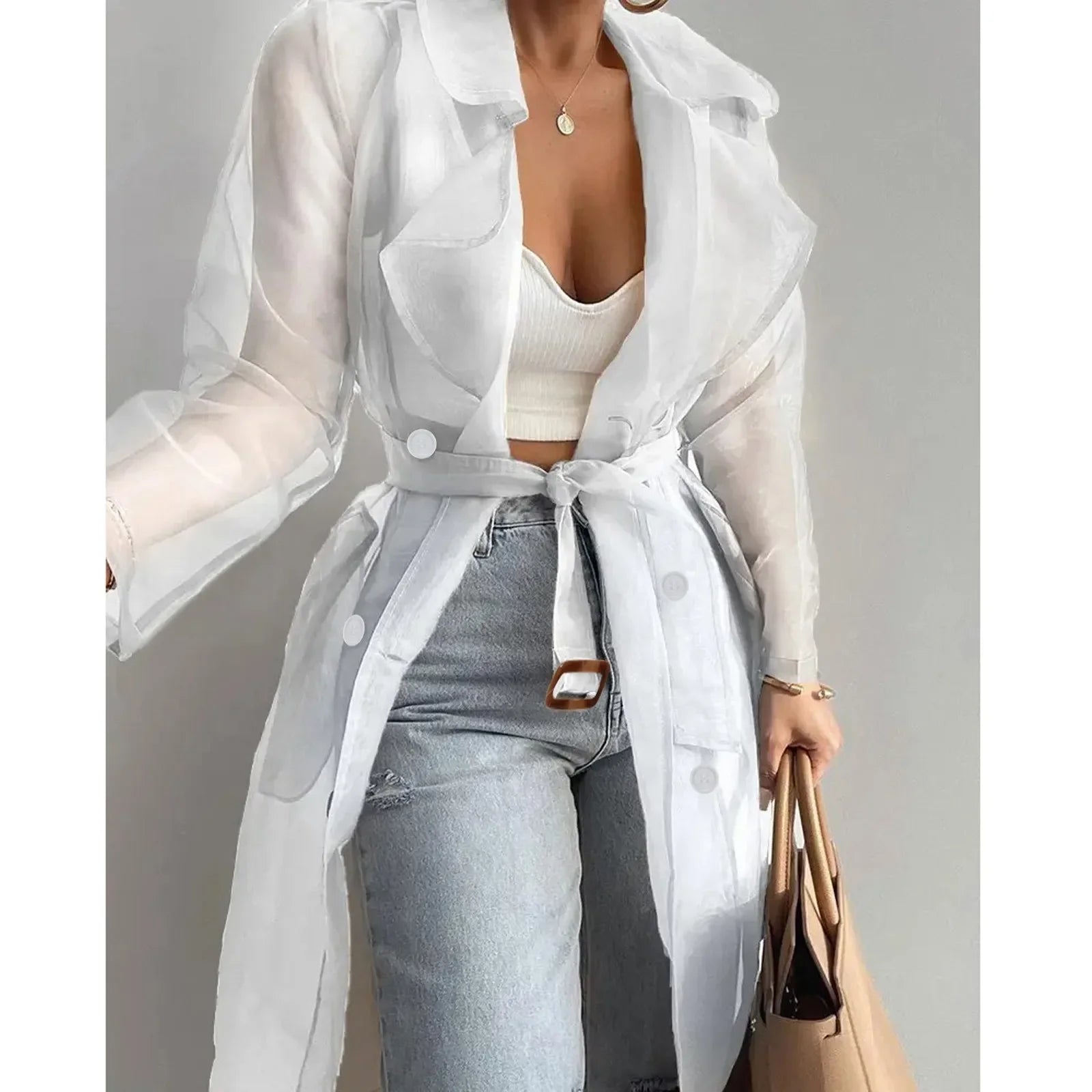 Sheer Organza Belted Trench Coat
