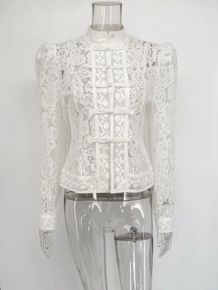 Tossy Summer Lace Printed Shirts Tops Female Hollow Out Fashion Commute Vintage See-Through Blouse Women's Lace Shrug Shirts New Urban Fashion Icon