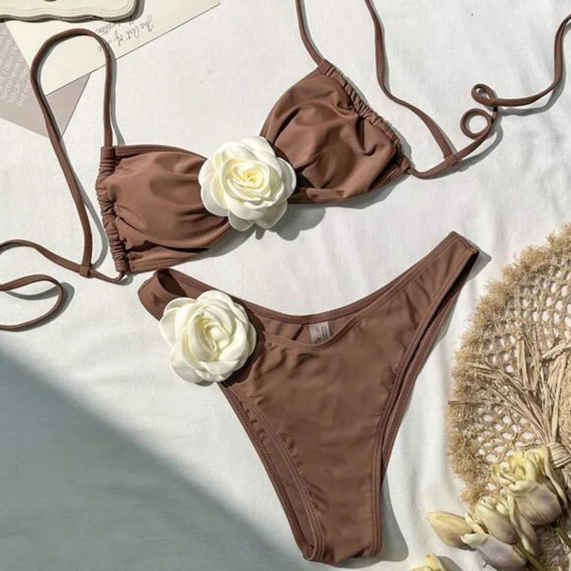 3D Rose Bandeau Bikini Set