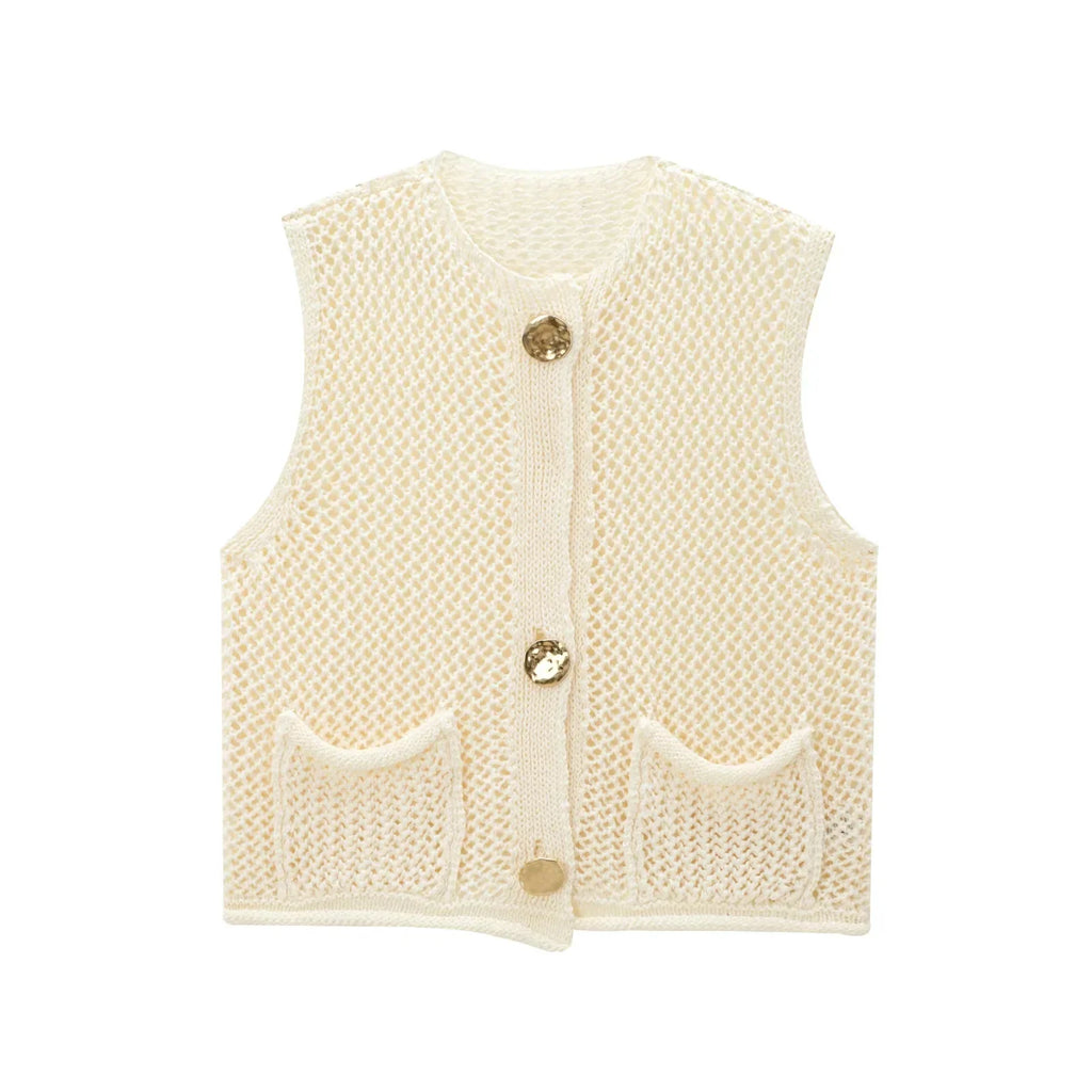 Open-Knit Crochet Vest with Gold Buttons