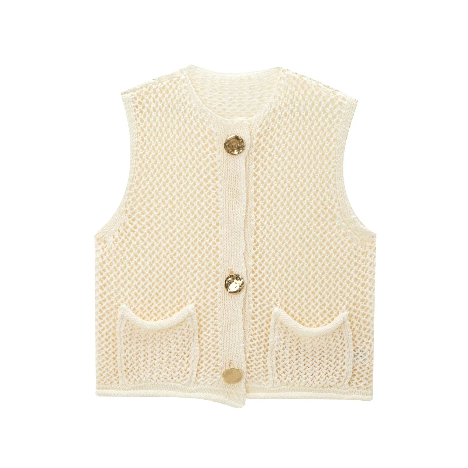 Open-Knit Crochet Vest with Gold Buttons