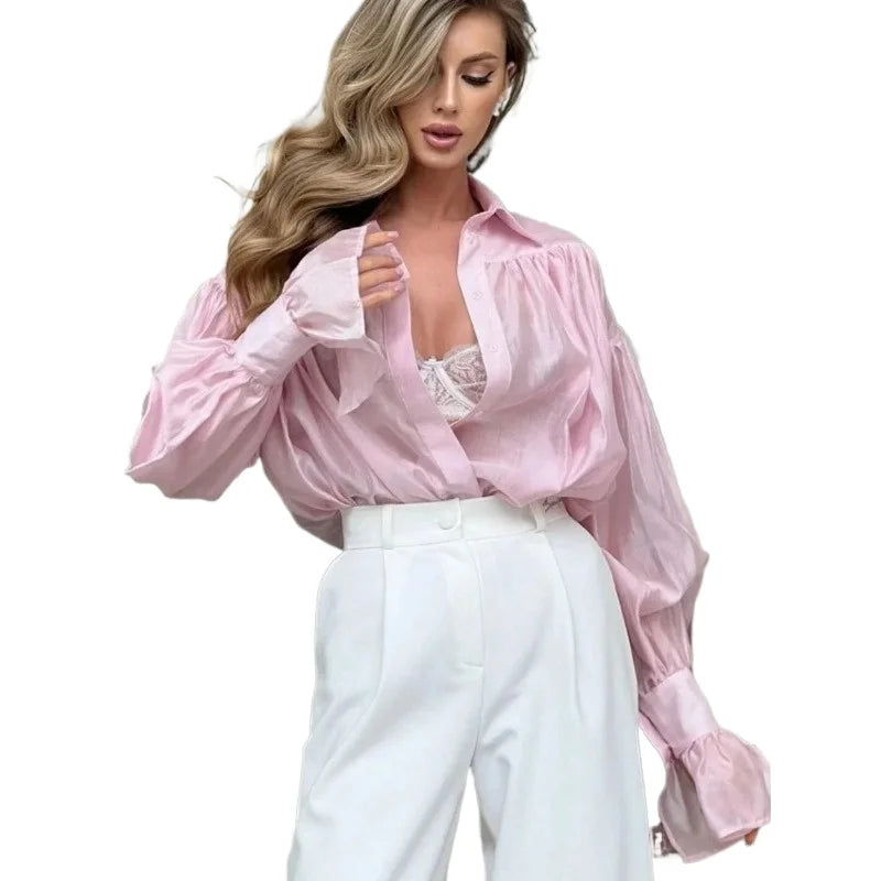 Sheer Bishop-Sleeve Chiffon Blouse